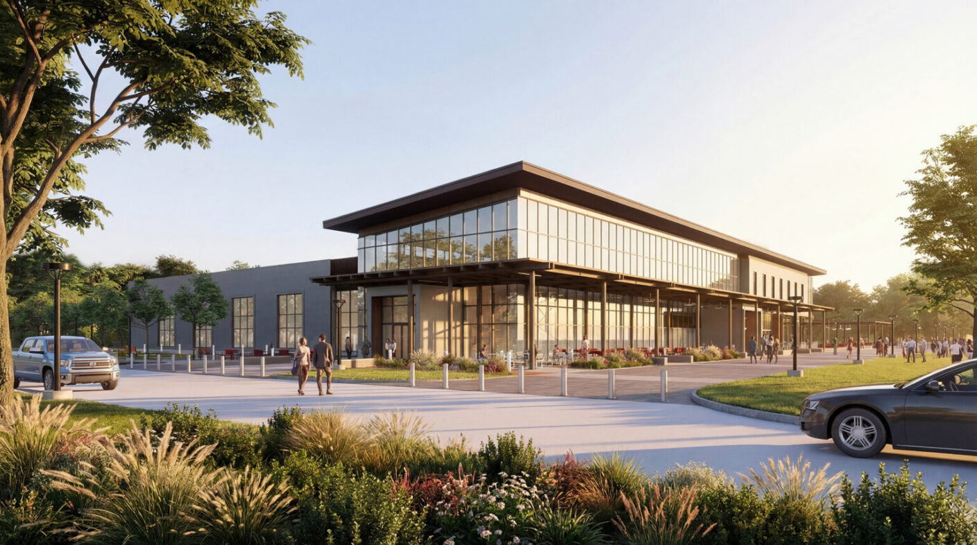 A 3D render of the new Meat Sciences & Technology Center coming to Texas A&M University.