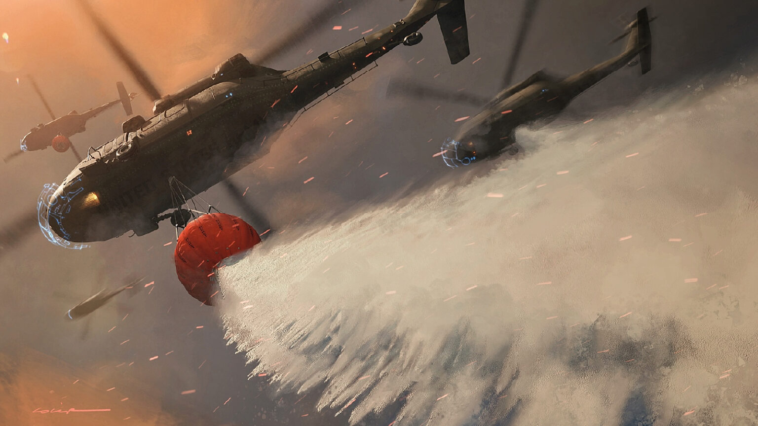 An illustration of helicopters during a wildfire operation.