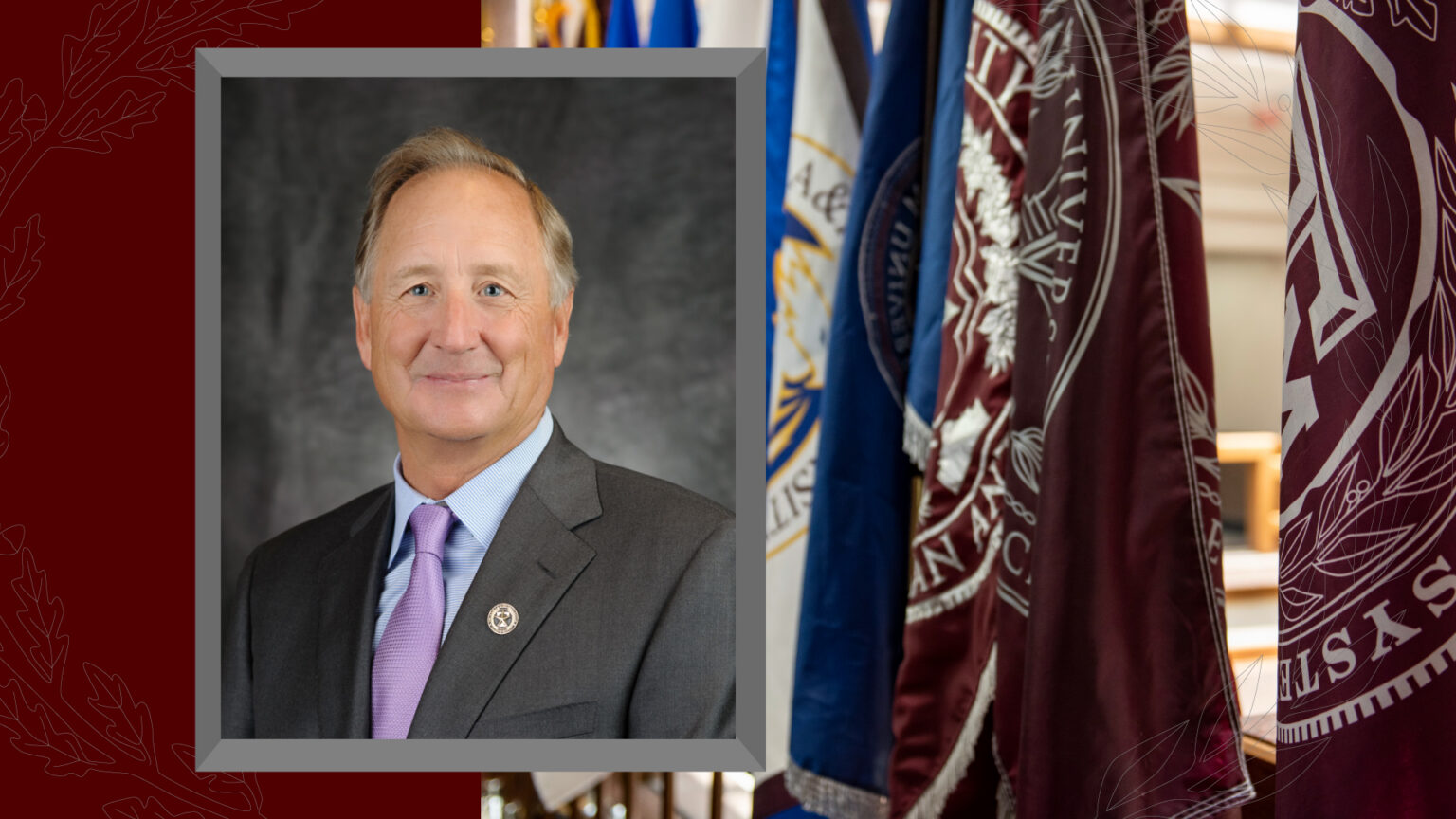 A cropped headshot of Texas A&M University System Board of Regents Chairman Robert L. Albritton on a background photo of Texas A&M flags.