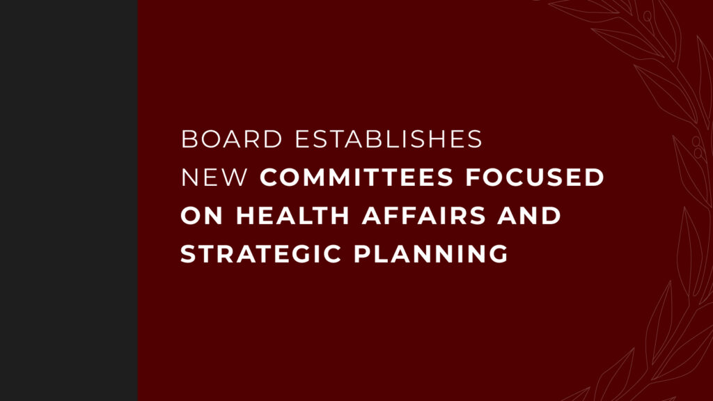 A maroon screen with a black bar on the left and a floral graphic on the right. In the middle is a bold white title text "Board Establishes New Committees Focused on Health Affairs and Strategic Planning".