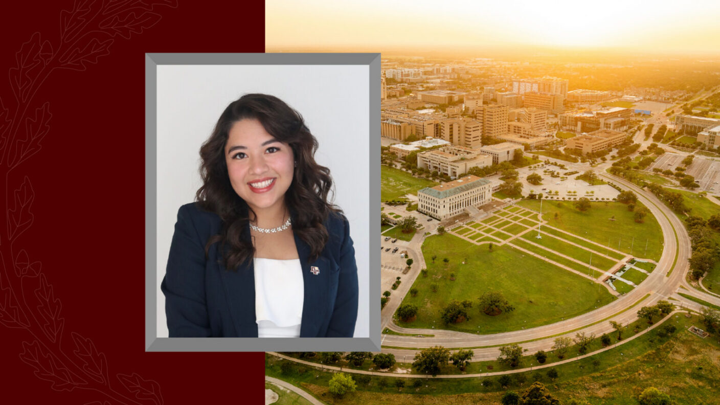 A cropped headshot of Student Regent Lisa D. Cantu over the background photo of Texas A&M University Buildings.
