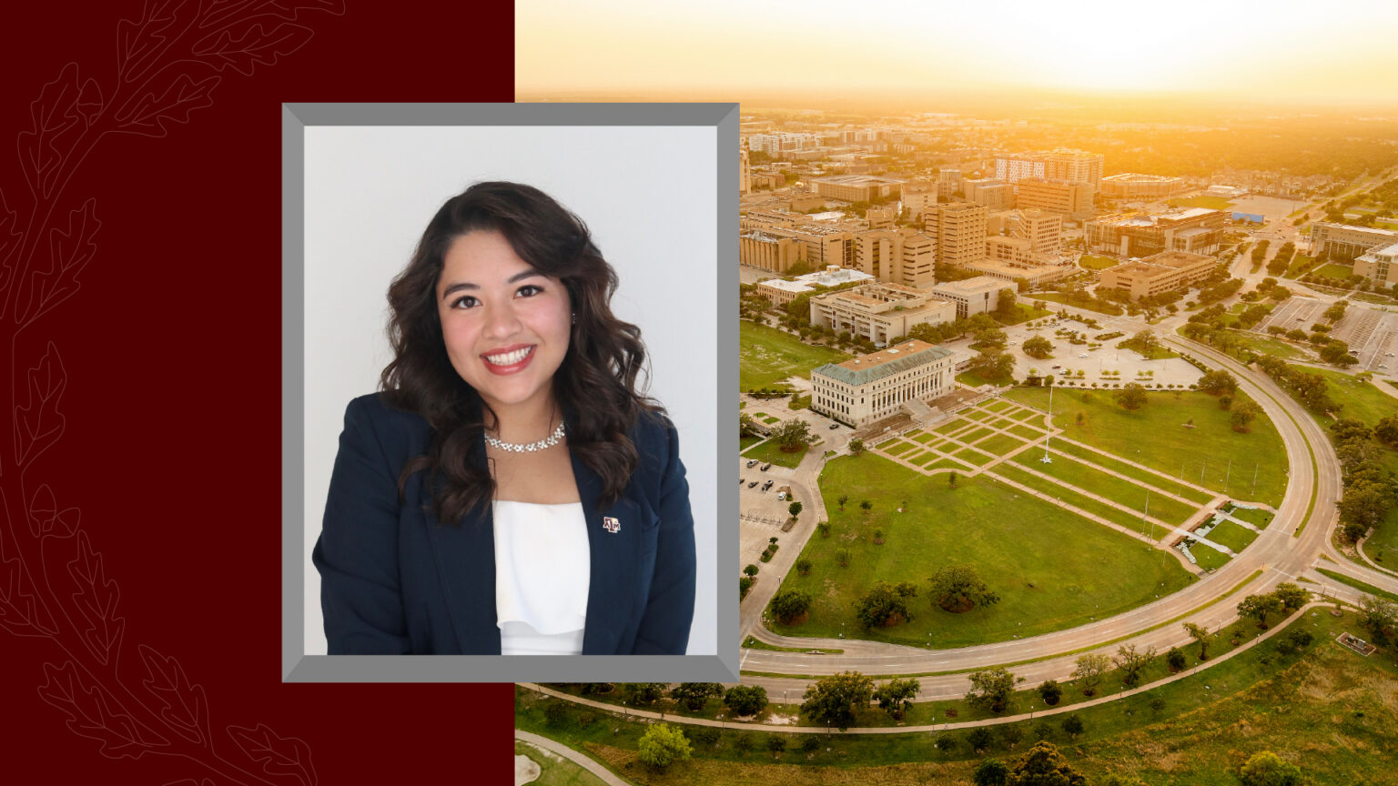 A cropped headshot of Student Regent Lisa D. Cantu over the background photo of Texas A&M University Buildings.