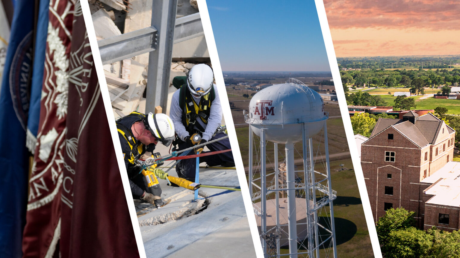 A composition of four photos in diagonal slivers: a shot of the Texas A&M University flags, two men working on construction, a shot of the Texas A&M water tower, and a shot of a building from a Texas A&M University campus.