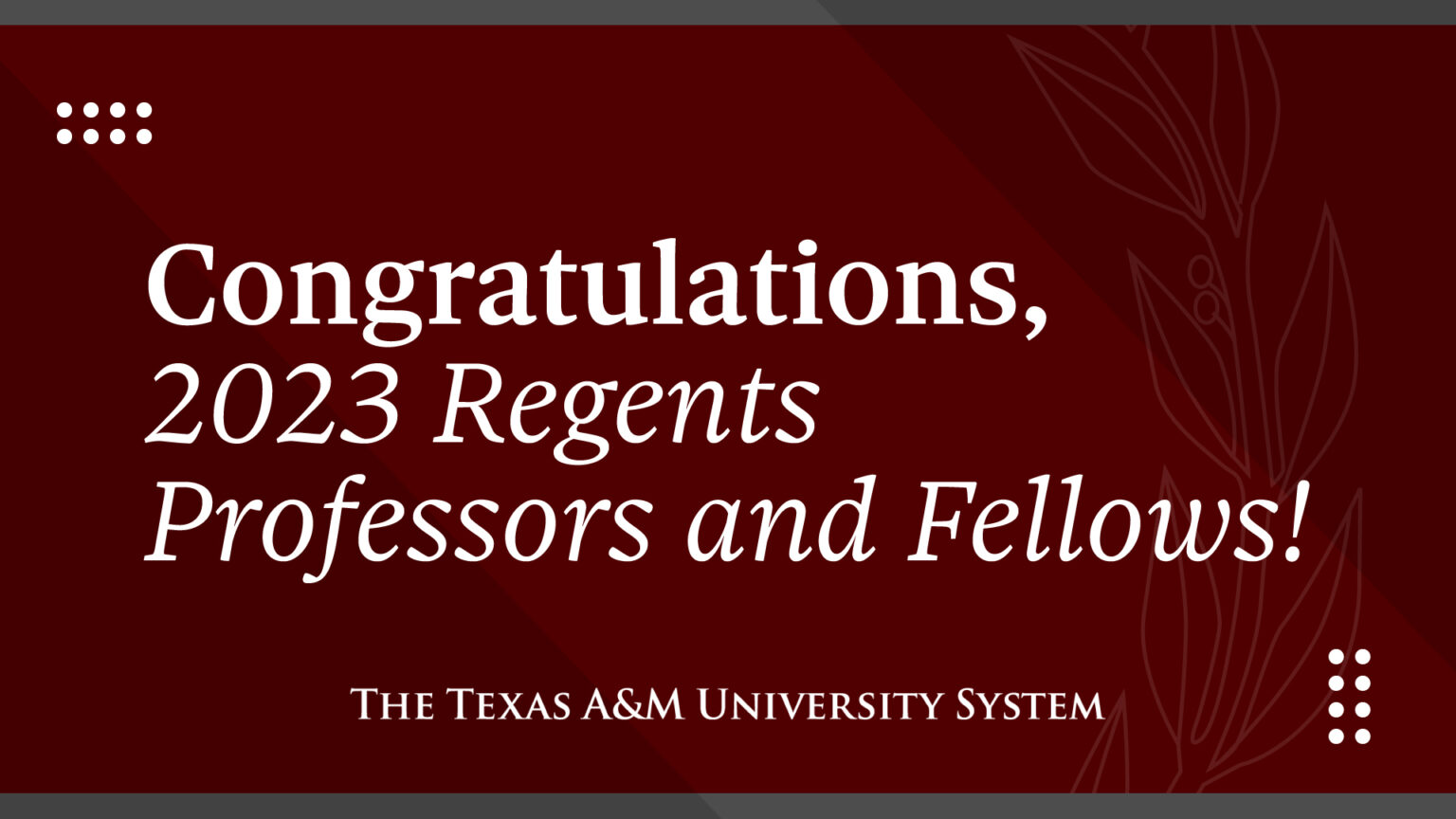 text that says "Congratulations, 2023 regents professors and fellows" from the texas a&m university system