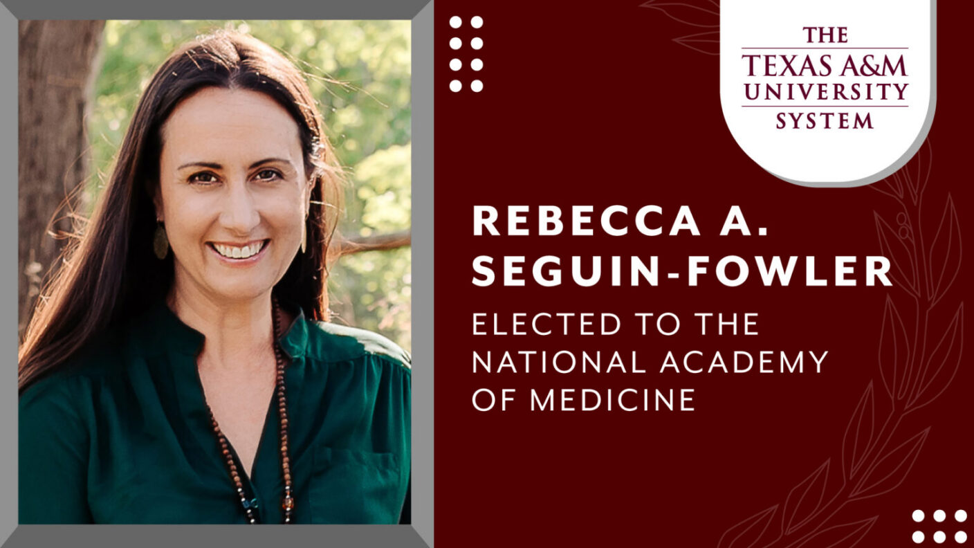 Portrait of Rebecca A. Seguin-Fowler with text showing her name and that she was elected to the national academy of medicine