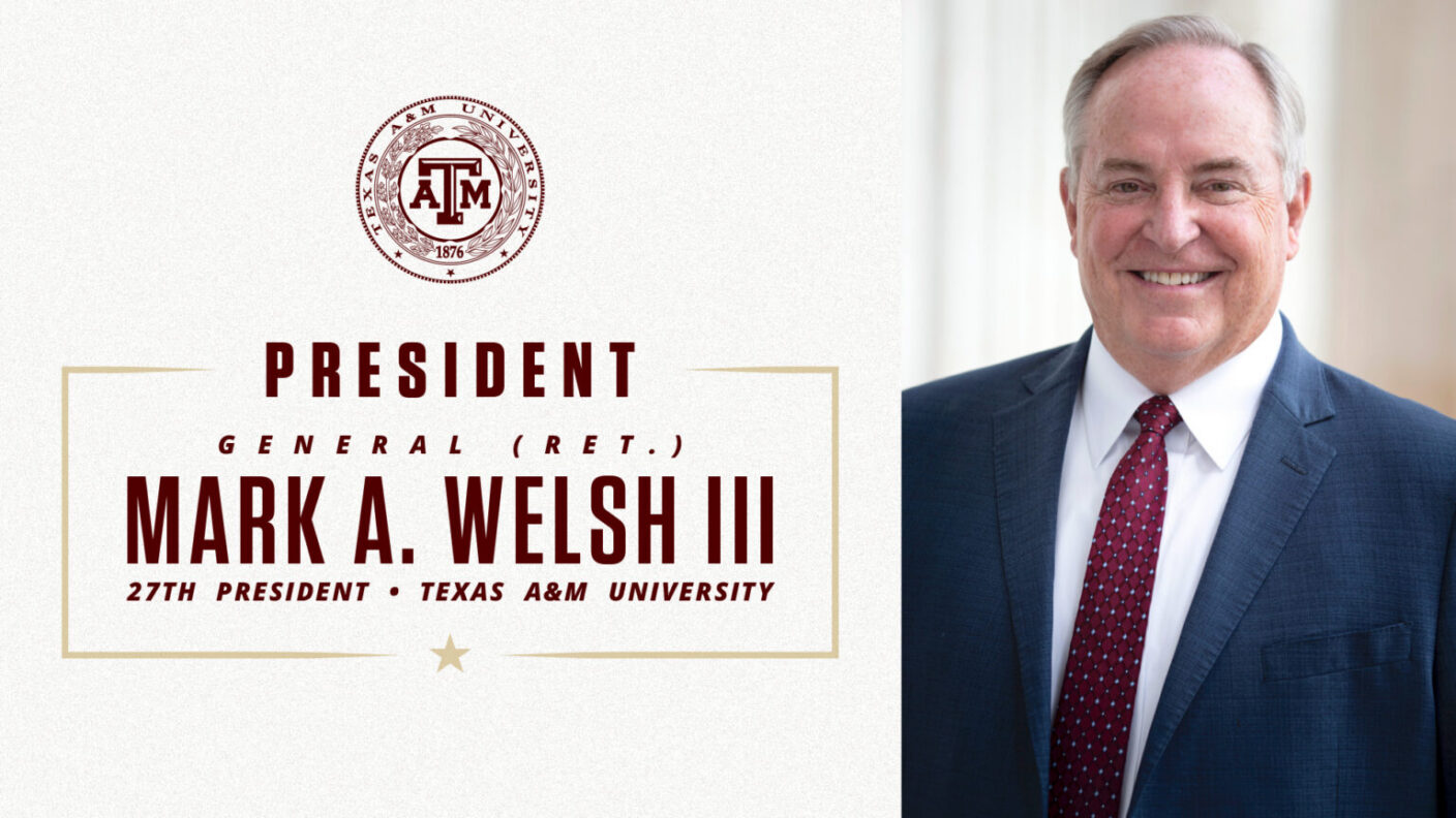 portrait of mark a. welsh the 3rd next to text showing his name and his status as 27th president of a&m university