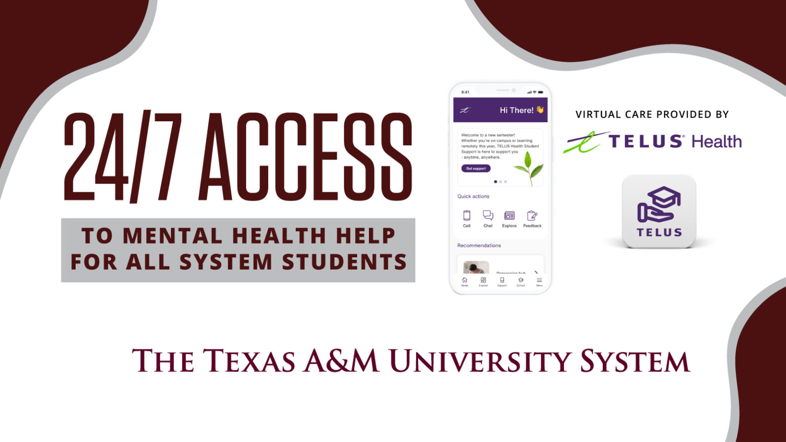 The TELUS Health Student Support app, offering 24/7 access for all A&M System students
