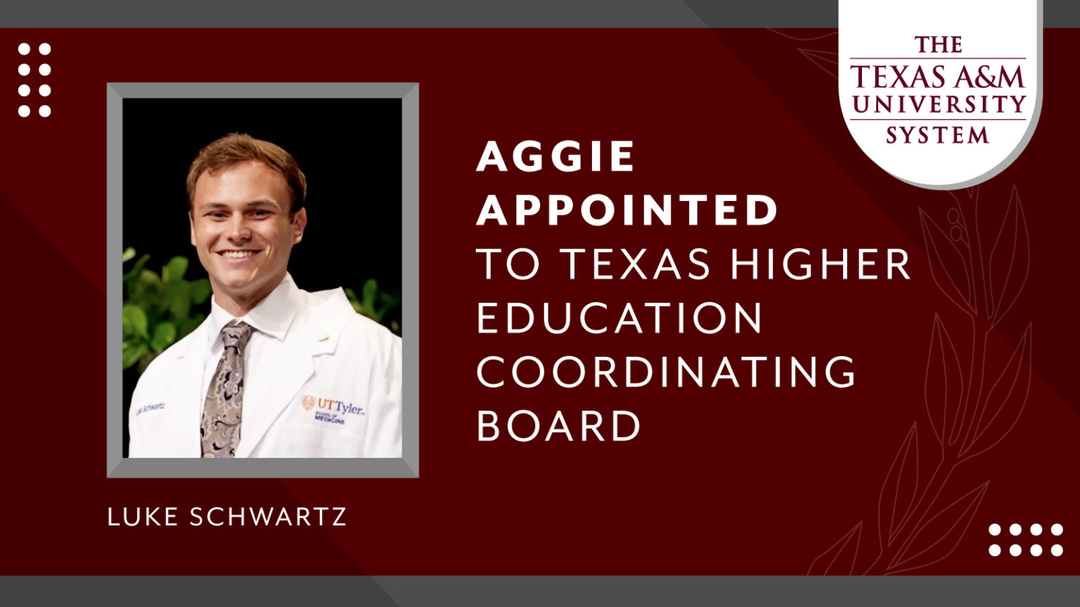 portrait of luke schwartz and text stating him being appointed to the texas higher education coordinating board