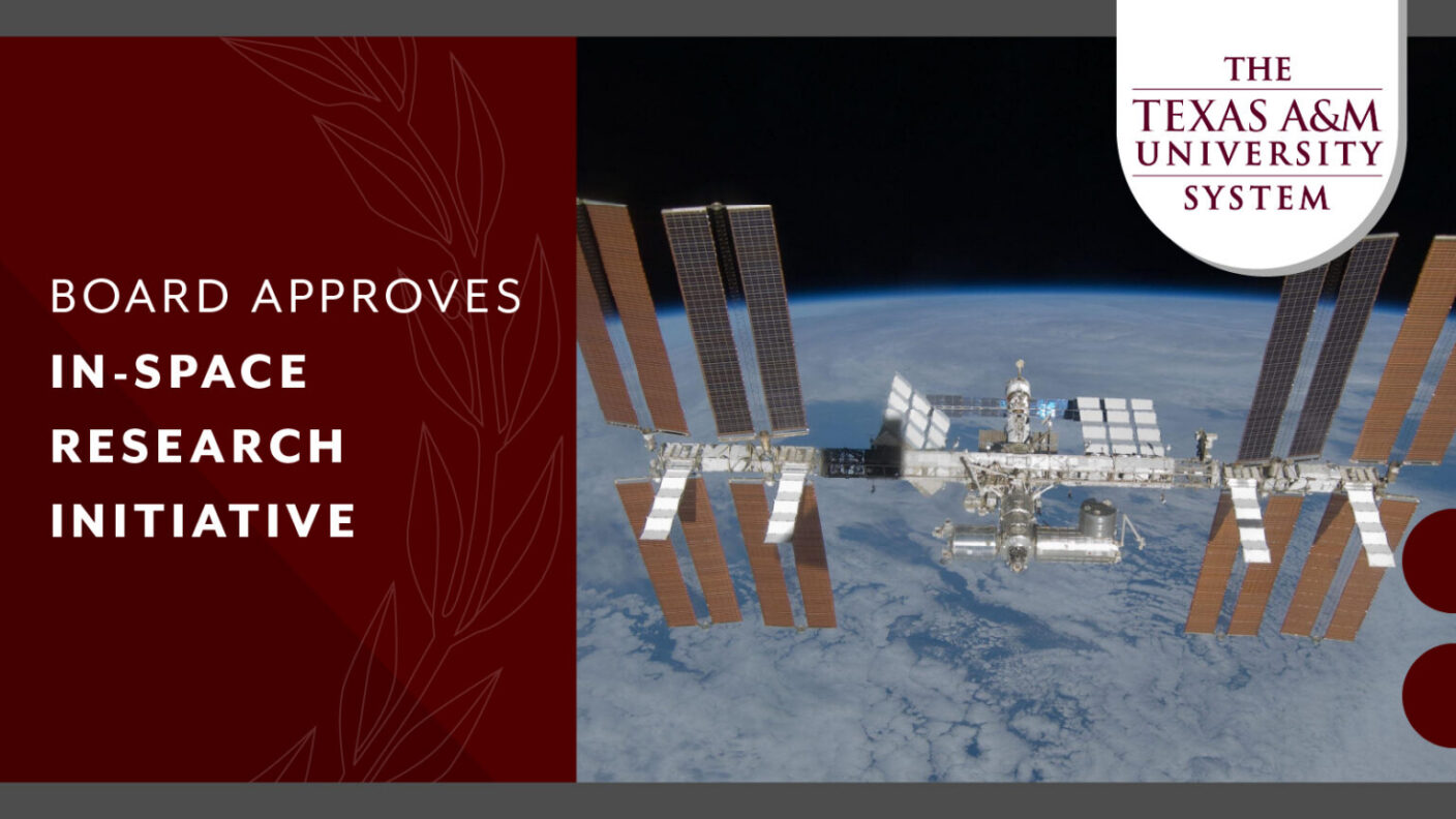 A maroon graphic with a photo of a space station on the right. Text on the left reads "BOARD APPRIVES IN-SPACE RESEARCH INITIATIVE".