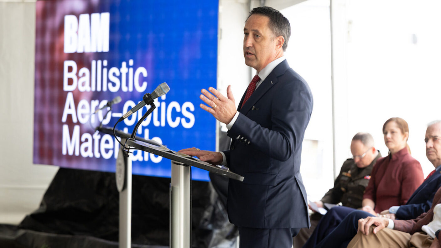 A photo of a speaker at the dedication ceremony for the new BAM Range at Texas A&M University-Rellis.