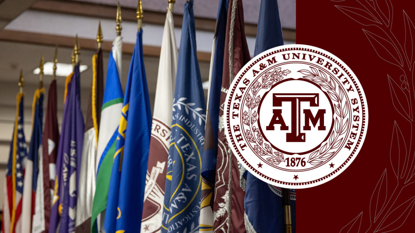 Texas A & M system university logo next to many different flags representing parts of the university