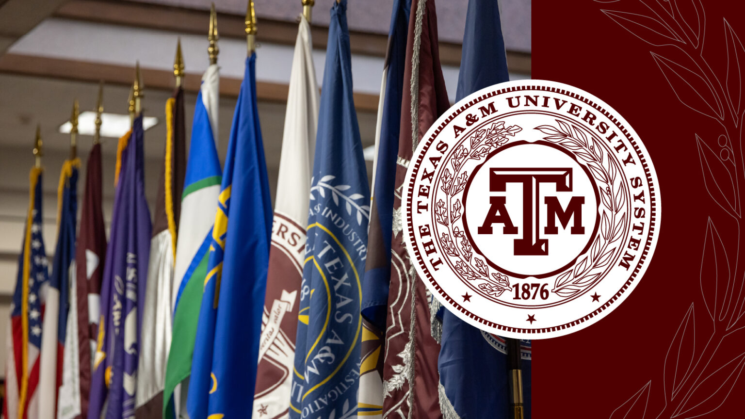 Texas A & M system university logo next to many different flags representing parts of the university