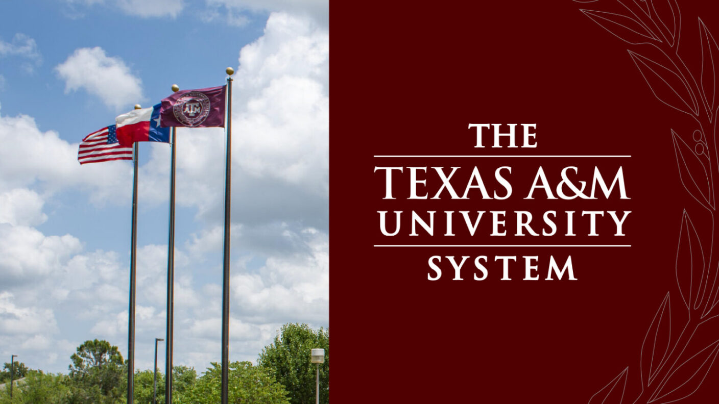 Texas A&M University System logo next to a picture of flags