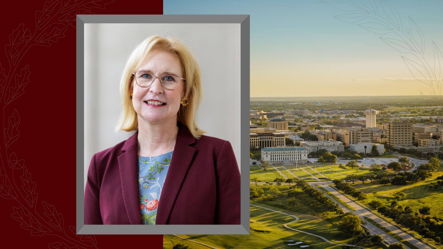 A cropped headshot of Texas A&M University President Dr. Susan Ballabina on a photo background of the Texas A&M University Campus.