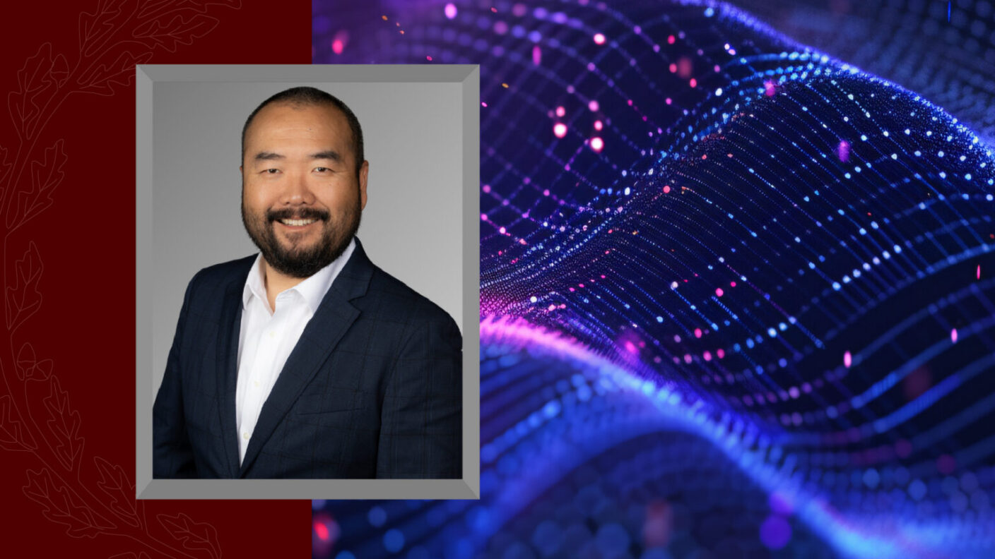A cropped headshot of Dr. Samuel Kim, Chief Innovation Officer and Associate Vice Chancellor of the Texas A&M University System, on a rendered technological background image.