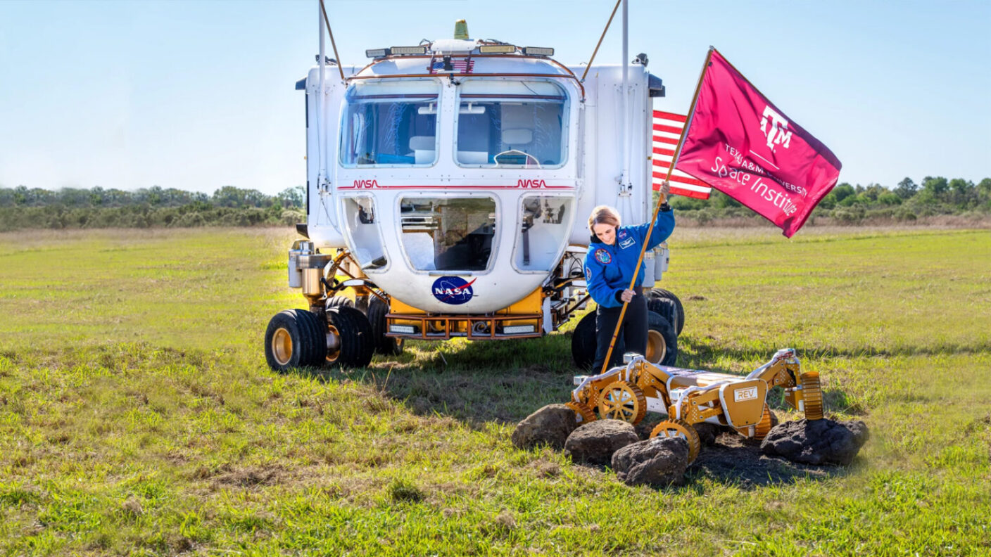 picture of a womn in a field placing a texas a&m space institute flag with a nasa space vehicle behind her