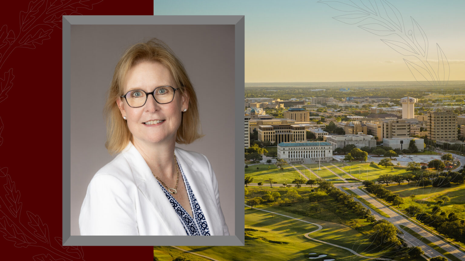 A cropped headshot of Texas A&M University President finalist Dr. Susan Ballabina on a photo background of the Texas A&M University Campus.