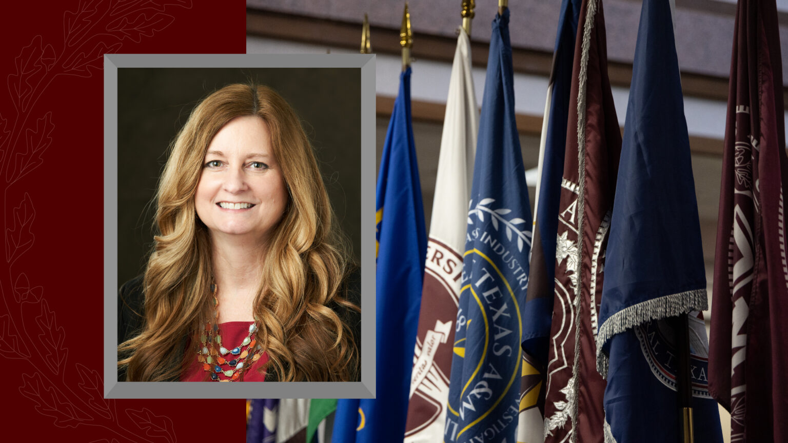 A cropped headshot of Texas A&M Controller Teresa Edwards next to a photo of Texas A&M flags.