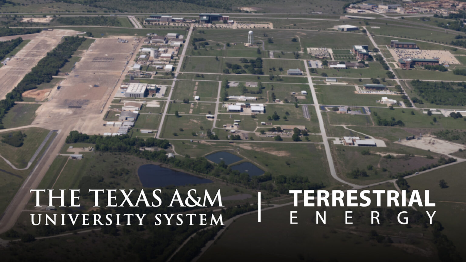 A photo of land with The Texas A&M University System logo and Terrestrial Energy logo at the bottom.