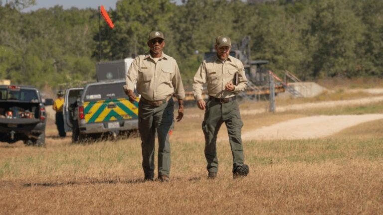 Two Forest Service workers walking toward the camera.