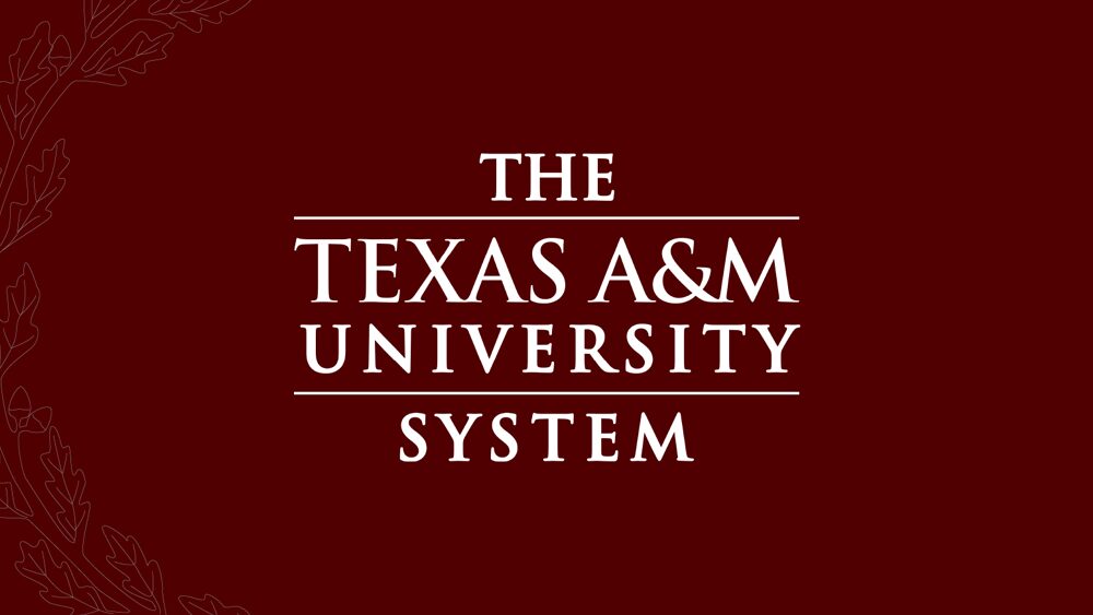 Texas A&M system logo on a maroon background with a faint floral design.
