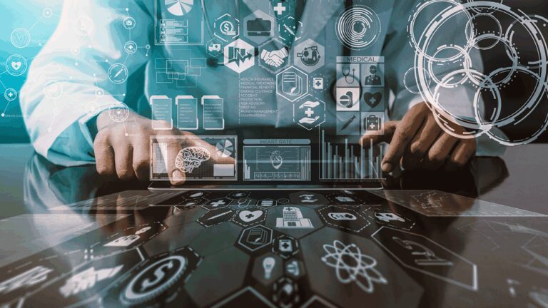 An image of a mans hands on a futuristic digital tabletop.