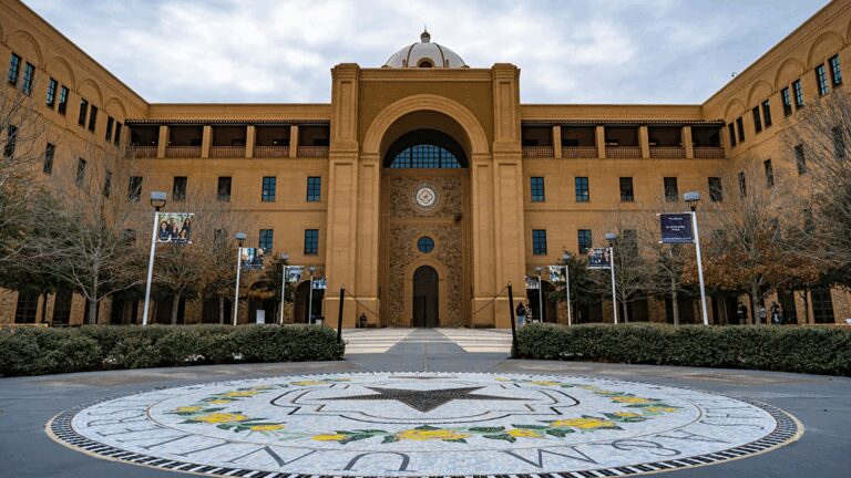 A centered photo of the front of a building at Texas A&M University in San Antonio.