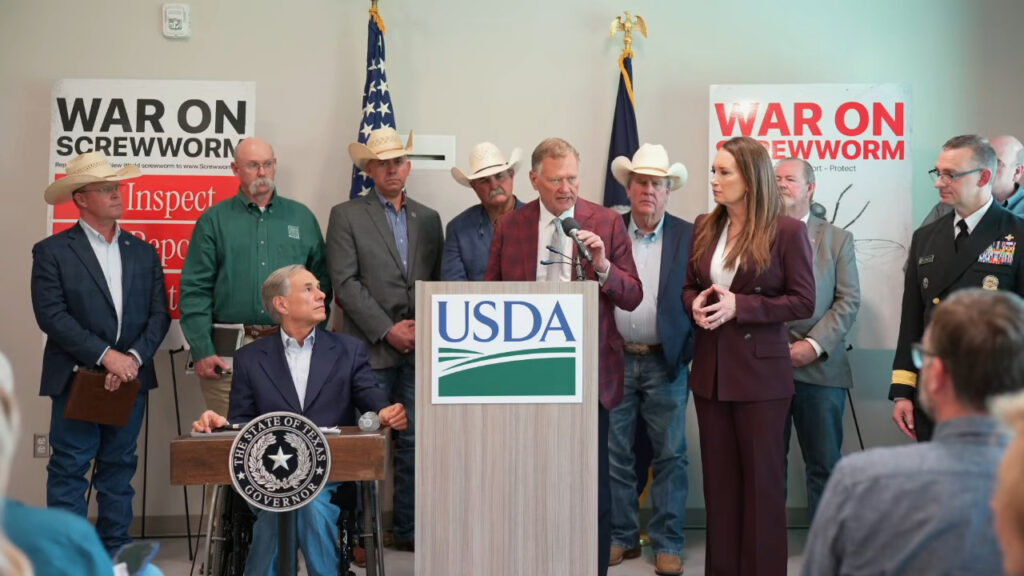 Newly appointed Senior Advisor for New World Screwworm Preparedness John Bellinger speaking alongside Secretary of Agriculture Brooke Rollins, Governor Greg Abbott, and other state and federal partners at the Knipling-Bushland U.S. Livestock Insects Research Laboratory in Kerrville, Texas.