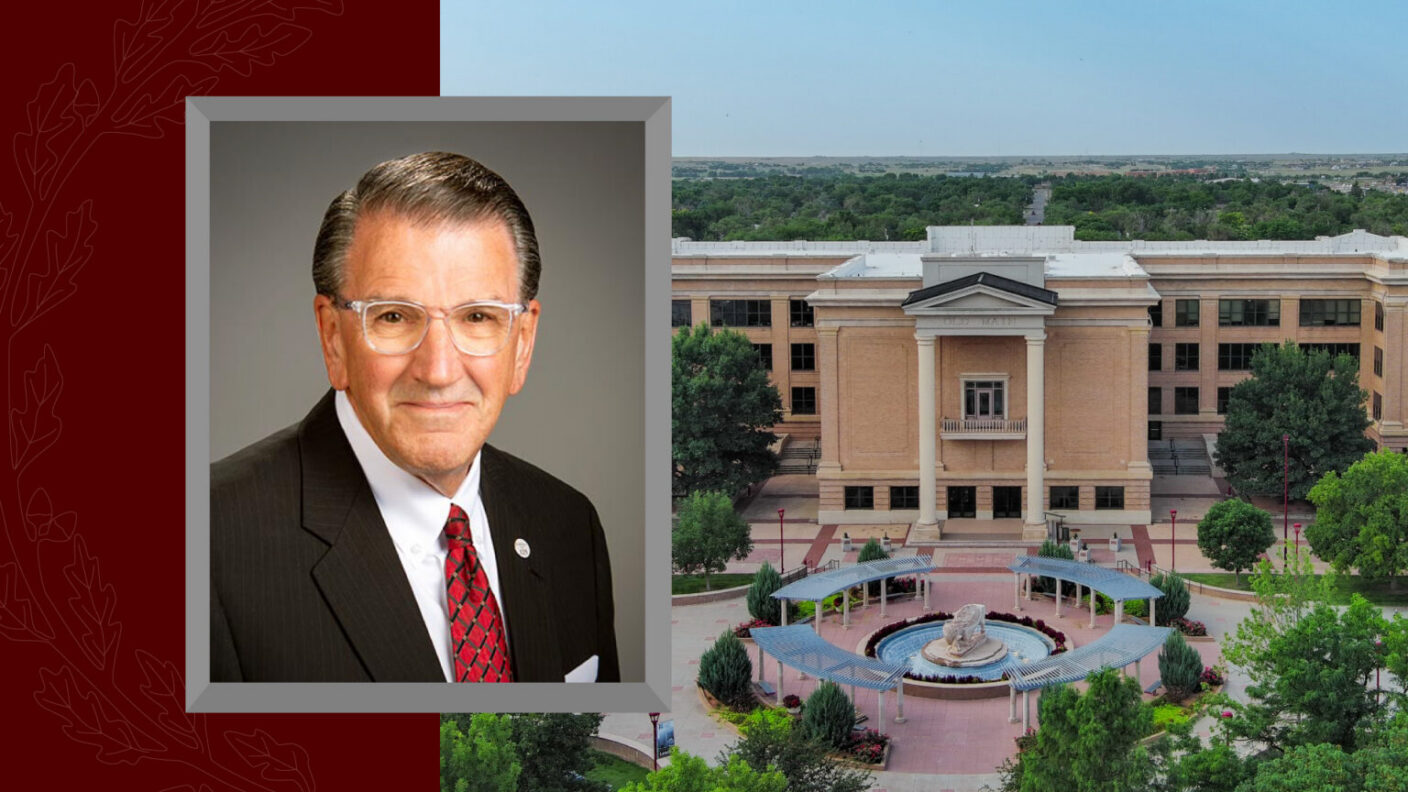 A cropped headshot of West Texas A&M President Walter V. Wendler on a background photo of a West Texas A&M University building.