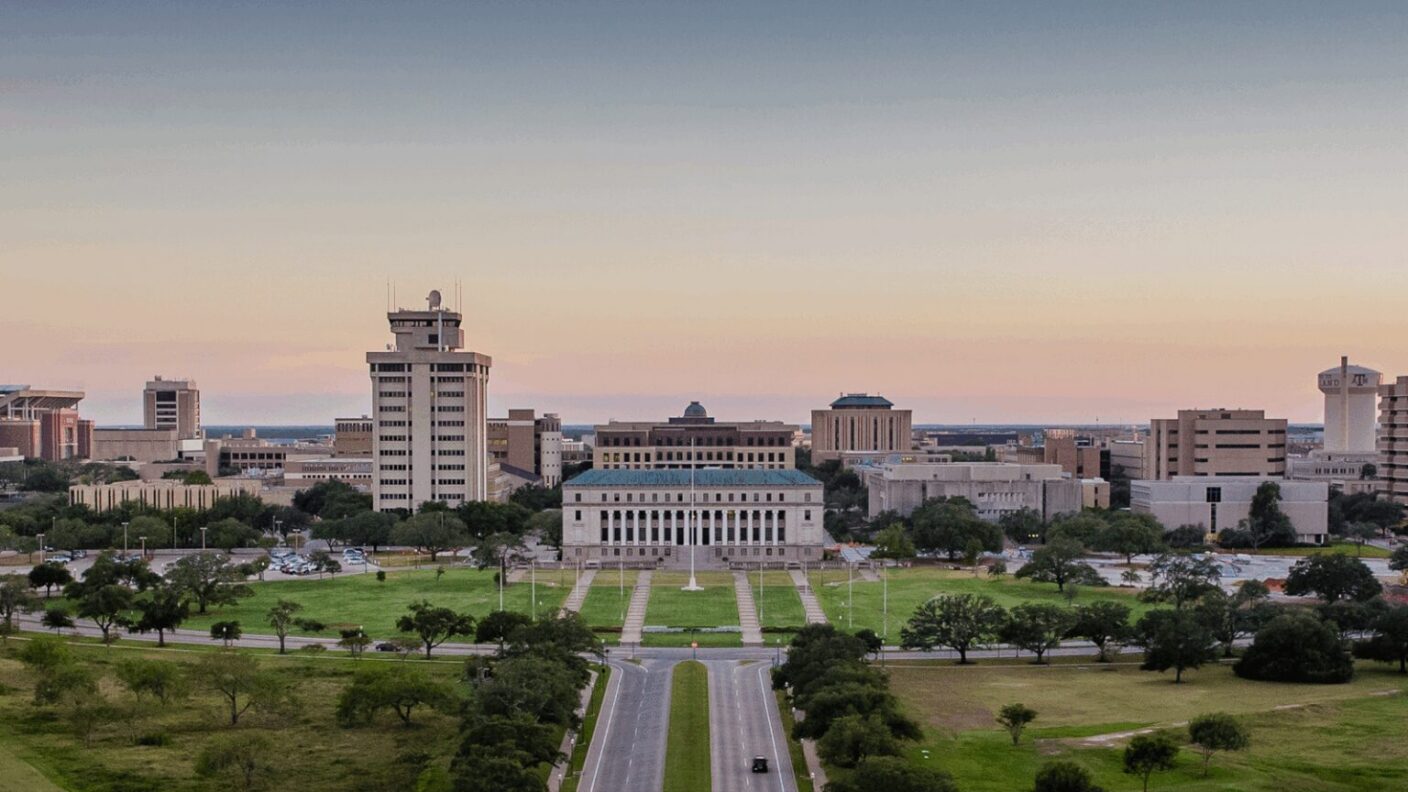 A photo of Texas A&M University campus buildings.