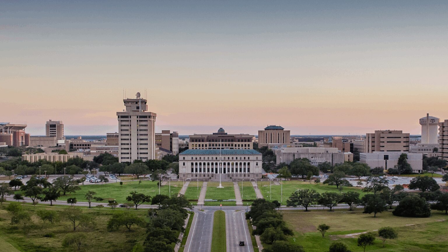 Texas A&M aerial view of the front of campus