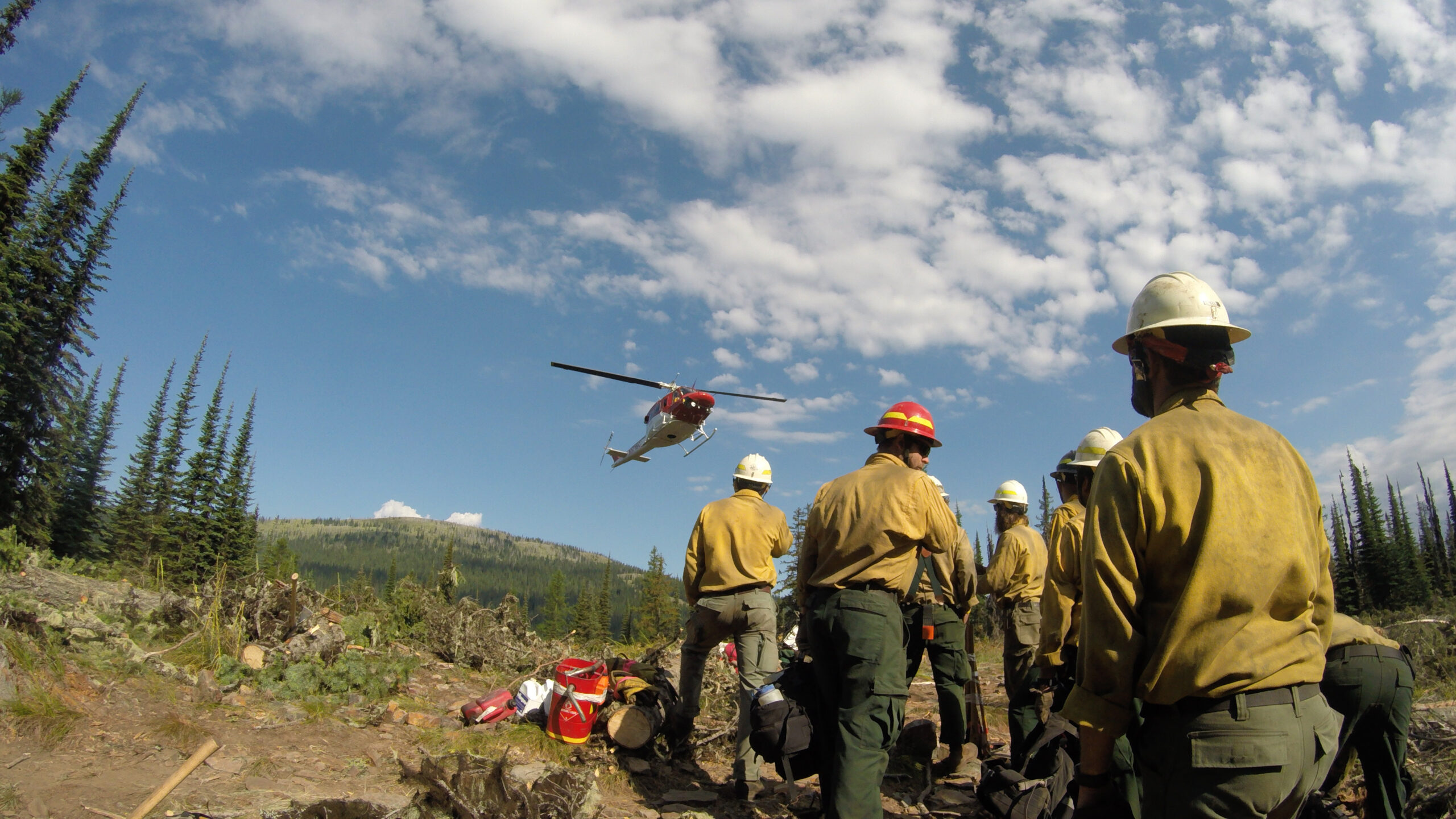 A group of firefighters in yellow uniforms and helmets stands on a forested hillside, watching a helicopter fly overhead under a partly cloudy sky.
