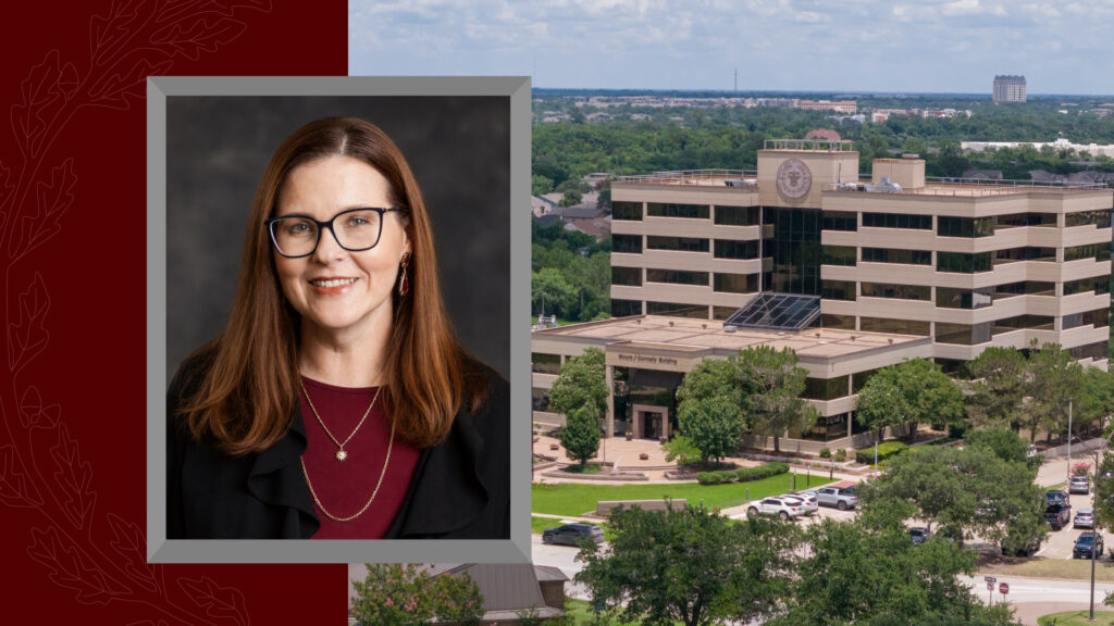 Professional portrait of Cady Auckerman alongside an exterior view of The Texas A&M University System's Moore/Connally Building