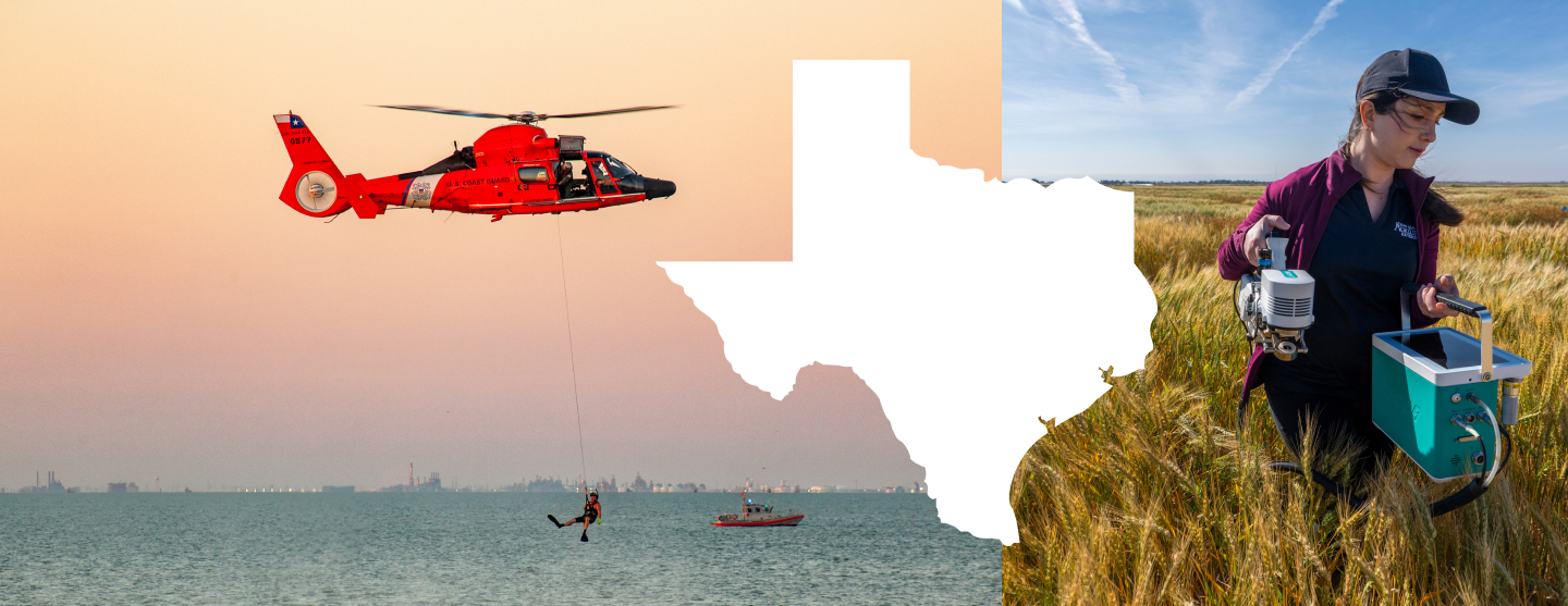 A rescue helicopter hovering low above a large body of water during a rescue mission. A woman walking in a field with equipment.